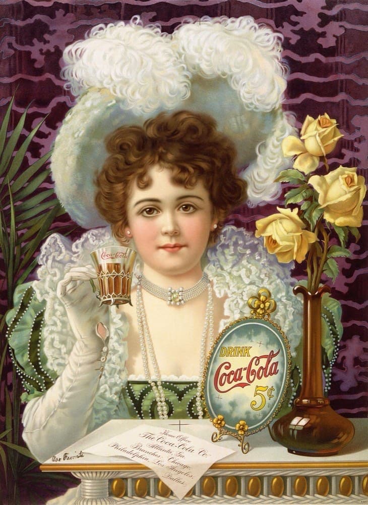 1890-yillardagi "Drink Coca-Cola 5¢" reklama plakati. Narx 5 sent 70 yildan ortiq o'zgarmagan.