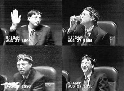 Bill Gates AQSh hukumati va Microsoft o'rtasidagi monopoliya ishida guvohlik bermoqda (1998, videoyozuvdan kadr).