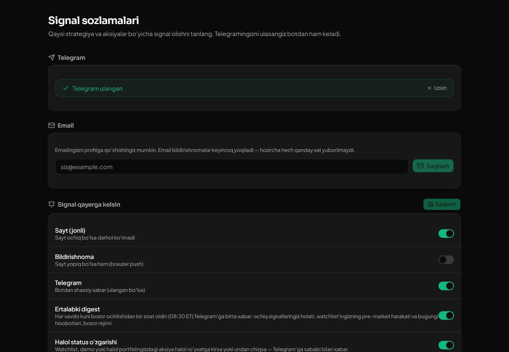Signal sozlamalari: Telegram, kanallar va ertalabki digest
