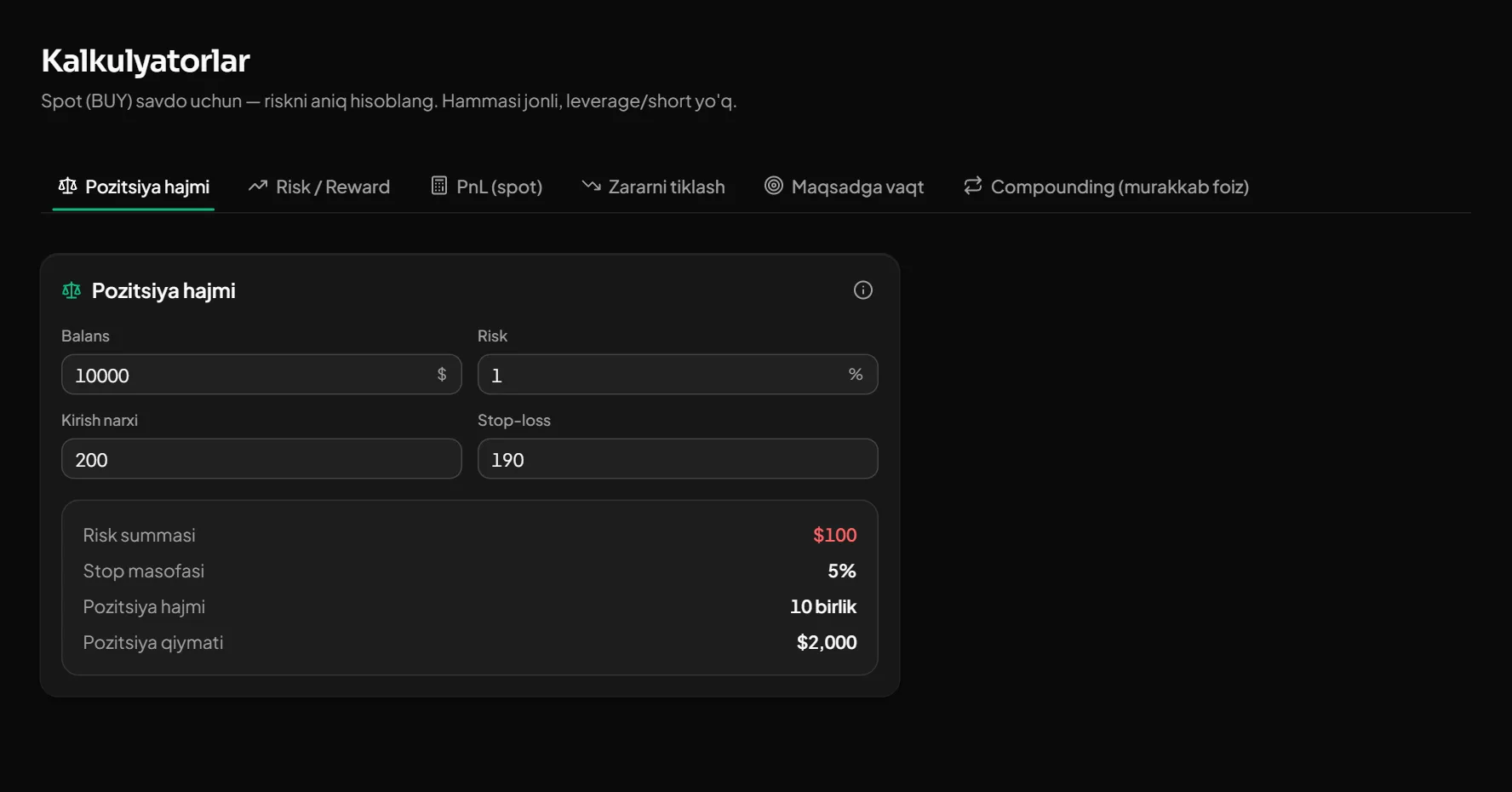 Pozitsiya hajmi: $10 000 balansda 1% risk