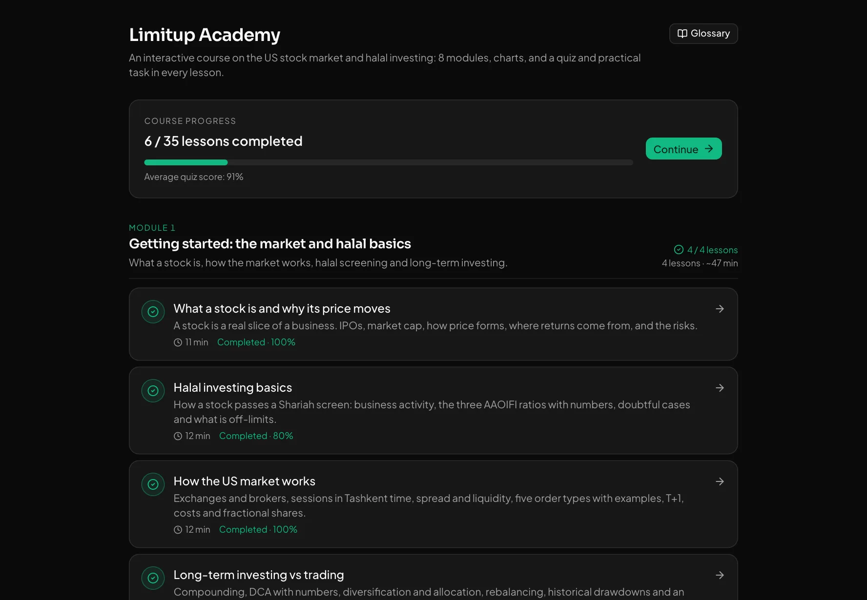 The course: 8 modules, 35 lessons and progress