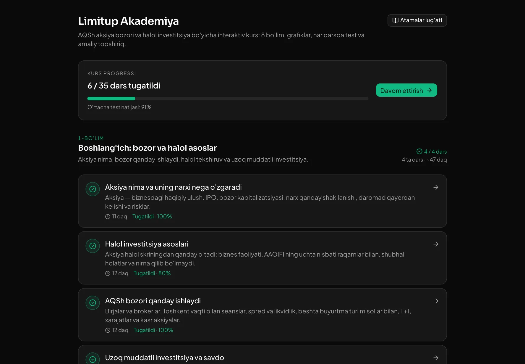 Kurs: 8 bo'lim, 35 dars va progress