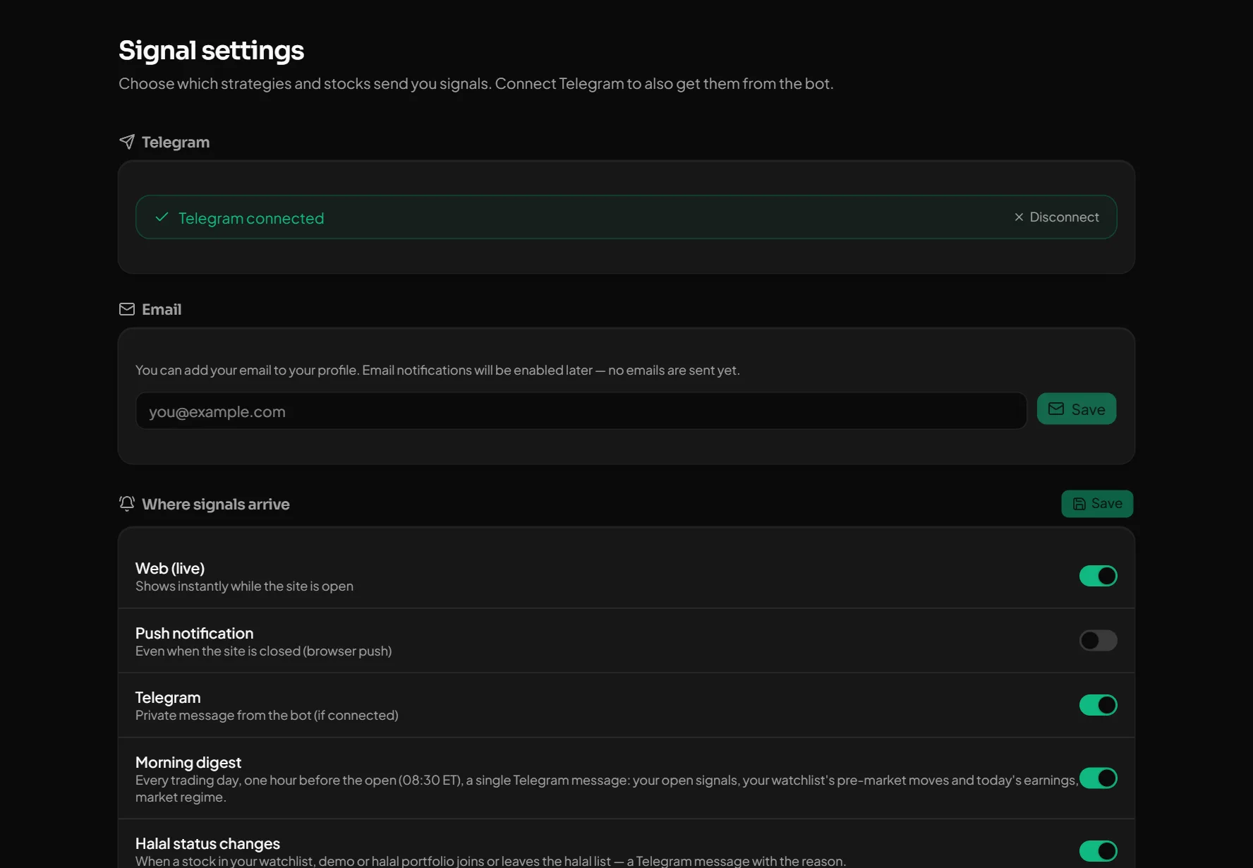 Signal settings: Telegram, channels and the morning digest