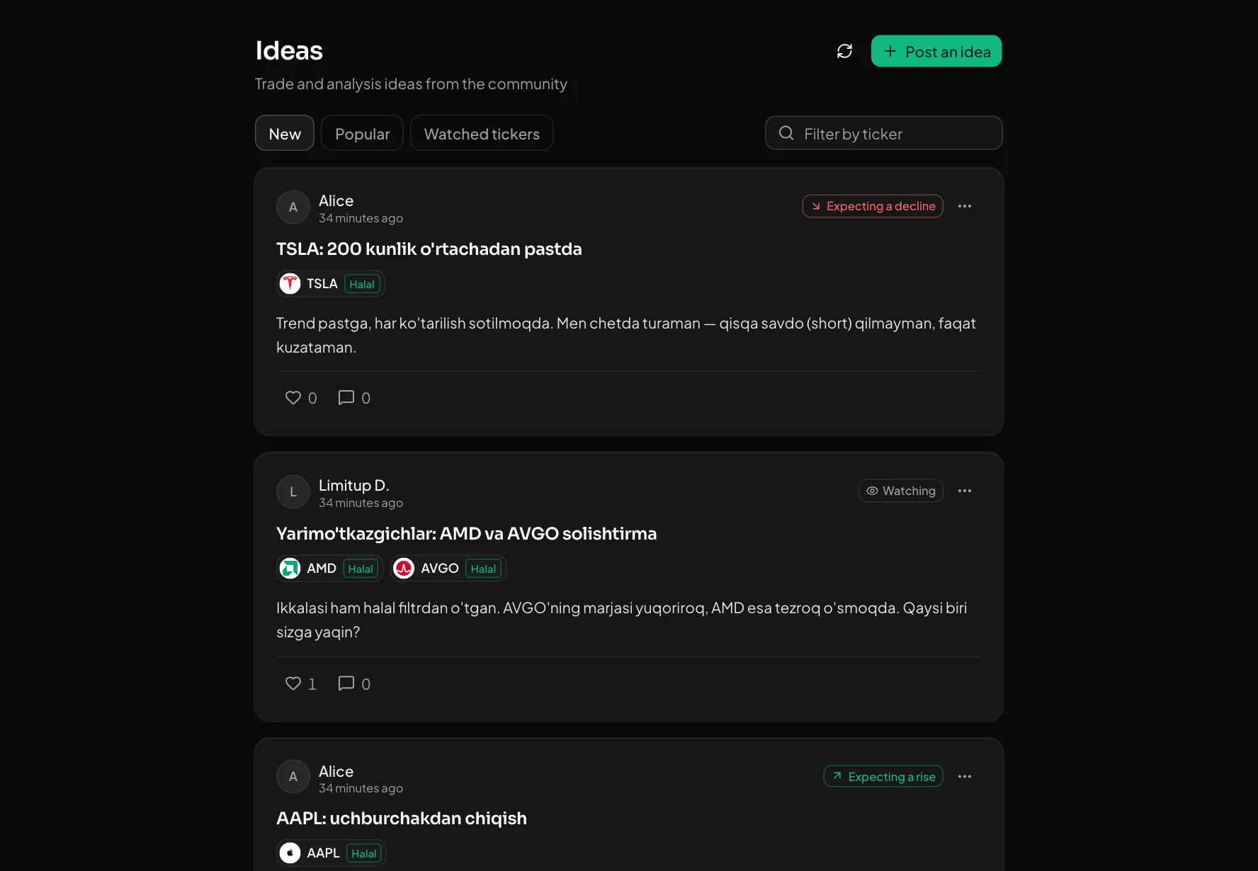 The ideas feed: tickers, halal badges and the author's view