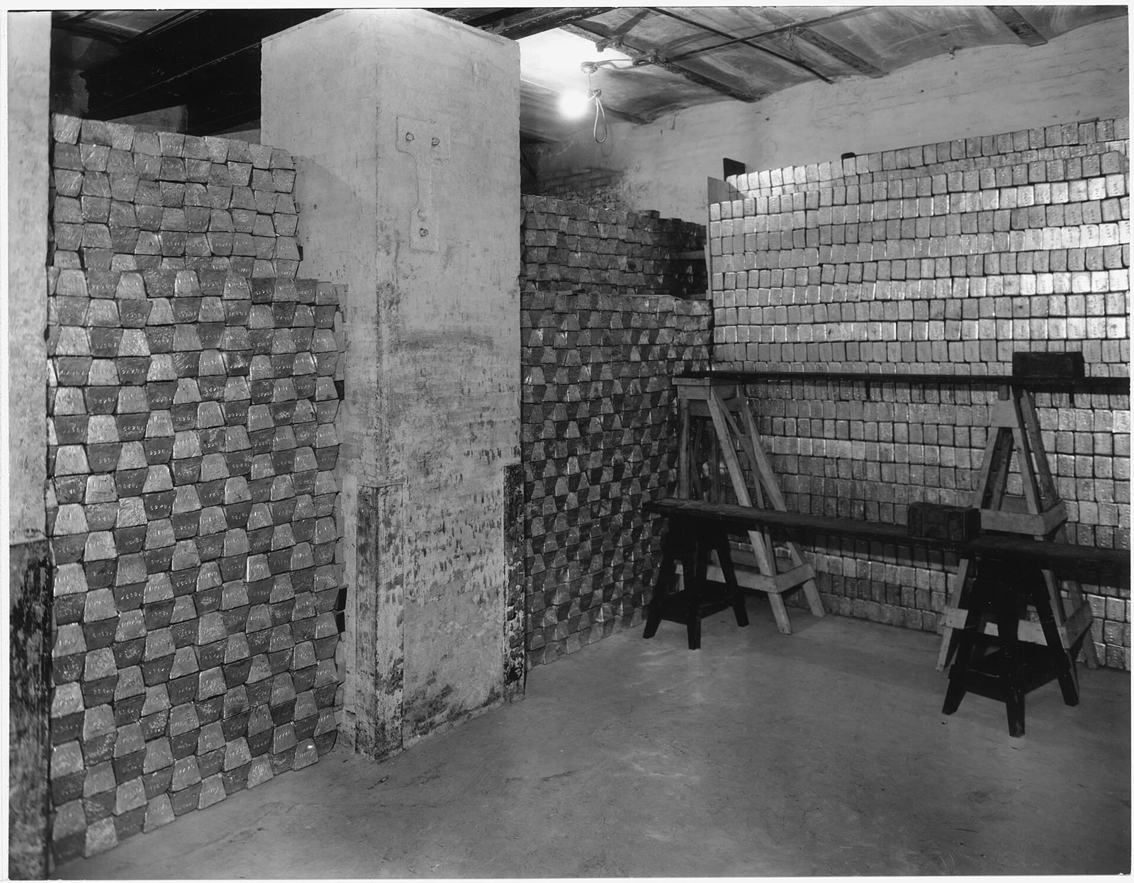 A vault with gold bars, archival photo